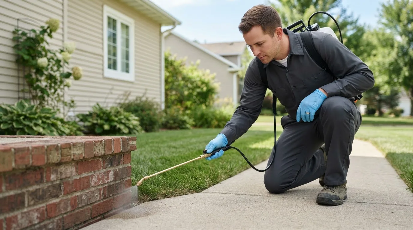 Pest control technician treating a home near Palo, IA