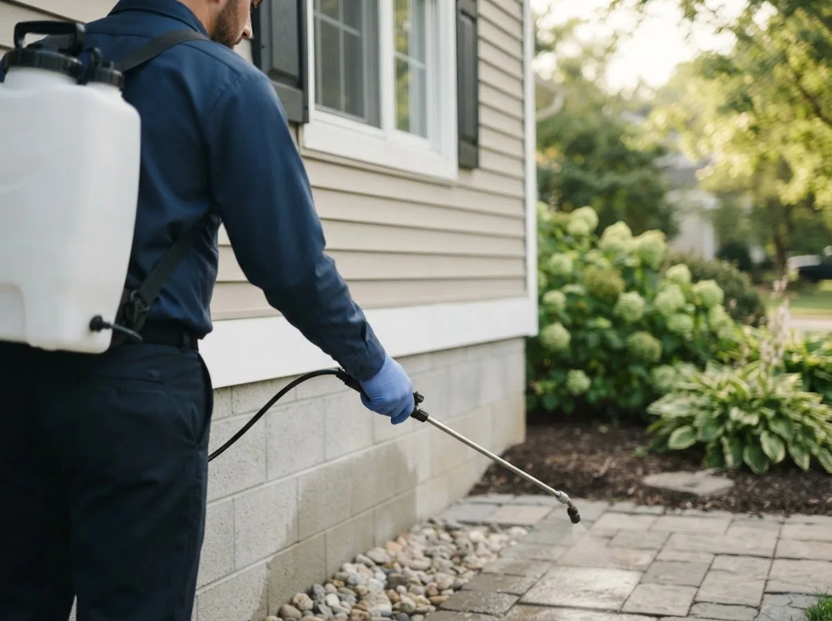 Pest control technician inspecting a home in Palo, IA